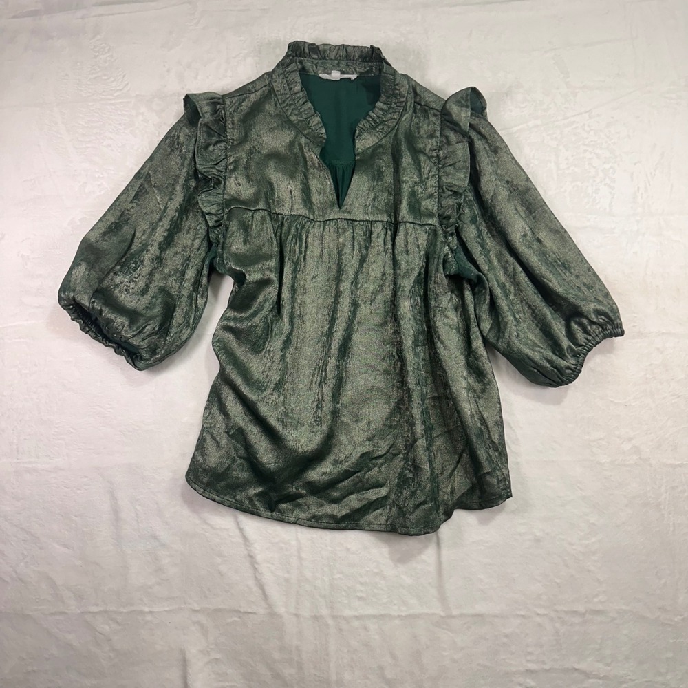 Michelle McDowell Blouse XL Green Metallic Ruffle Puff Sleeve V-Neck Womens
